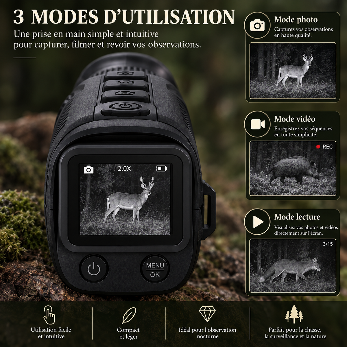 Monoculaire de vision nocturne avec modes photo vidéo et lecture