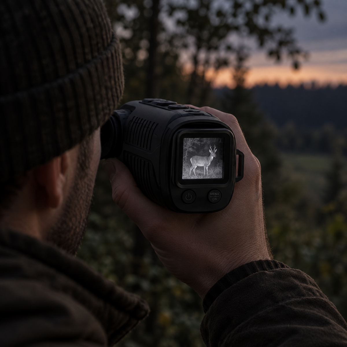 Monoculaire de vision nocturne utilisé à une main en lisière de forêt au crépuscule