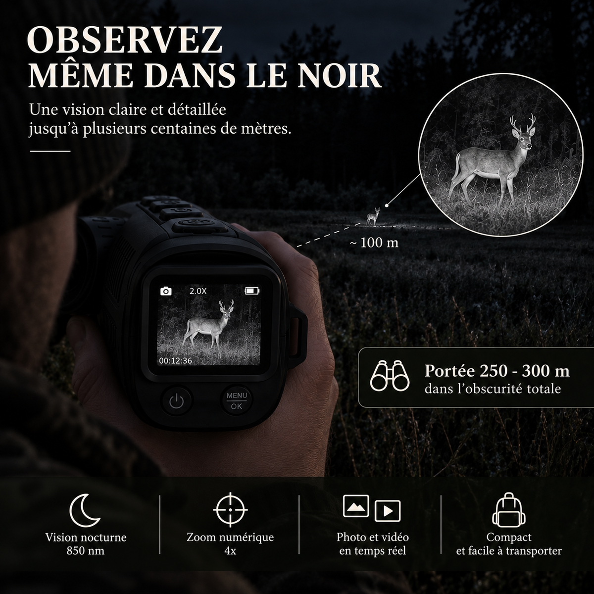 Rendu infrarouge nocturne du monoculaire avec observation d'un chevreuil