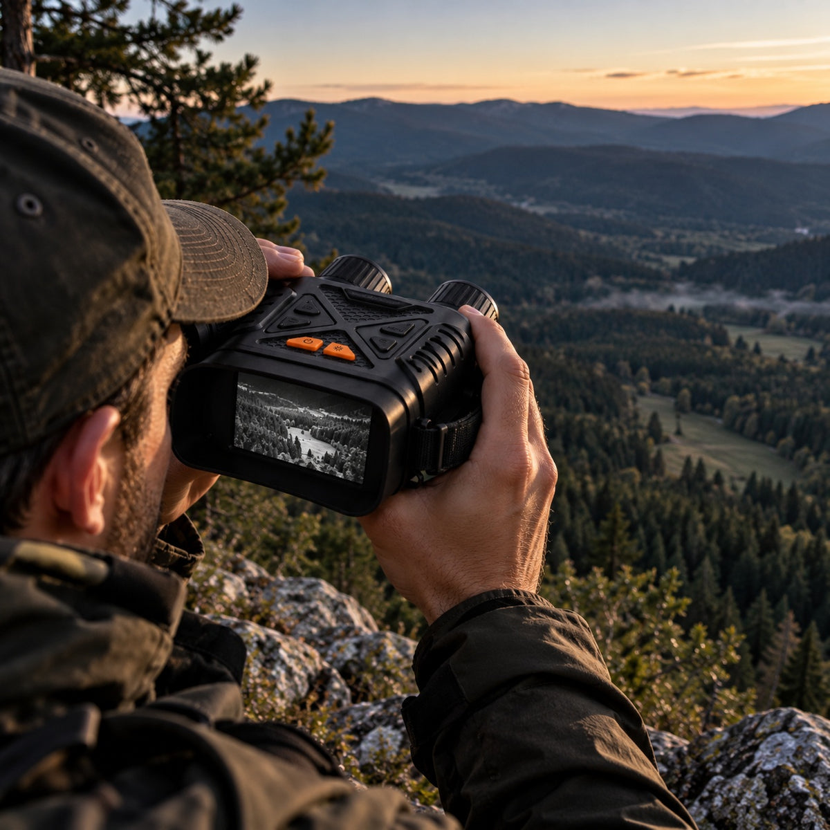 Monoculaire de vision nocturne utilisé depuis une montagne