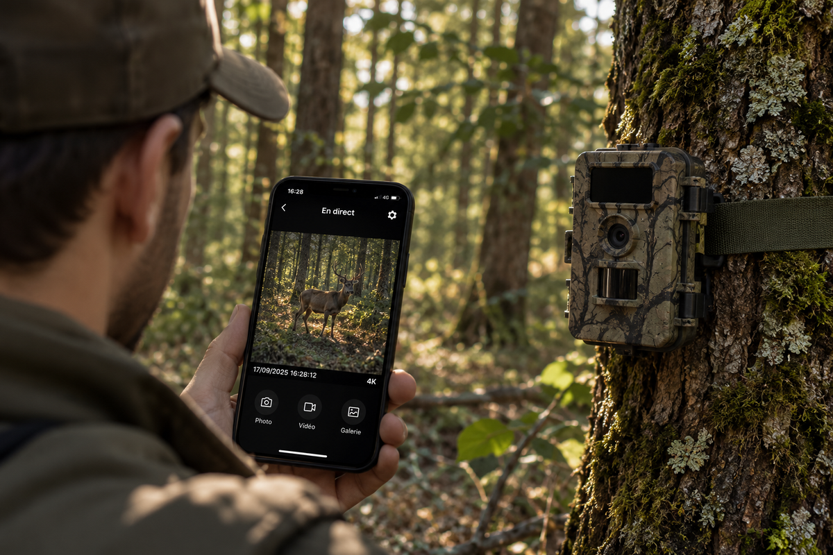 Observation en direct avec caméra de chasse 4G 4K en forêt